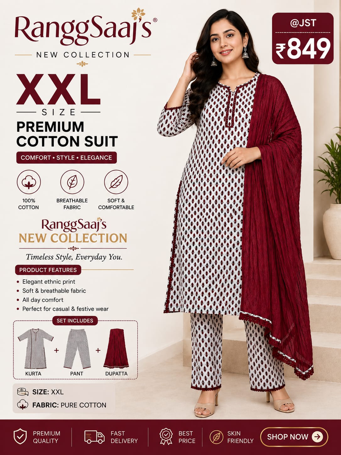 RanggSaaj Women's Printed Kurta Set with Dupatta