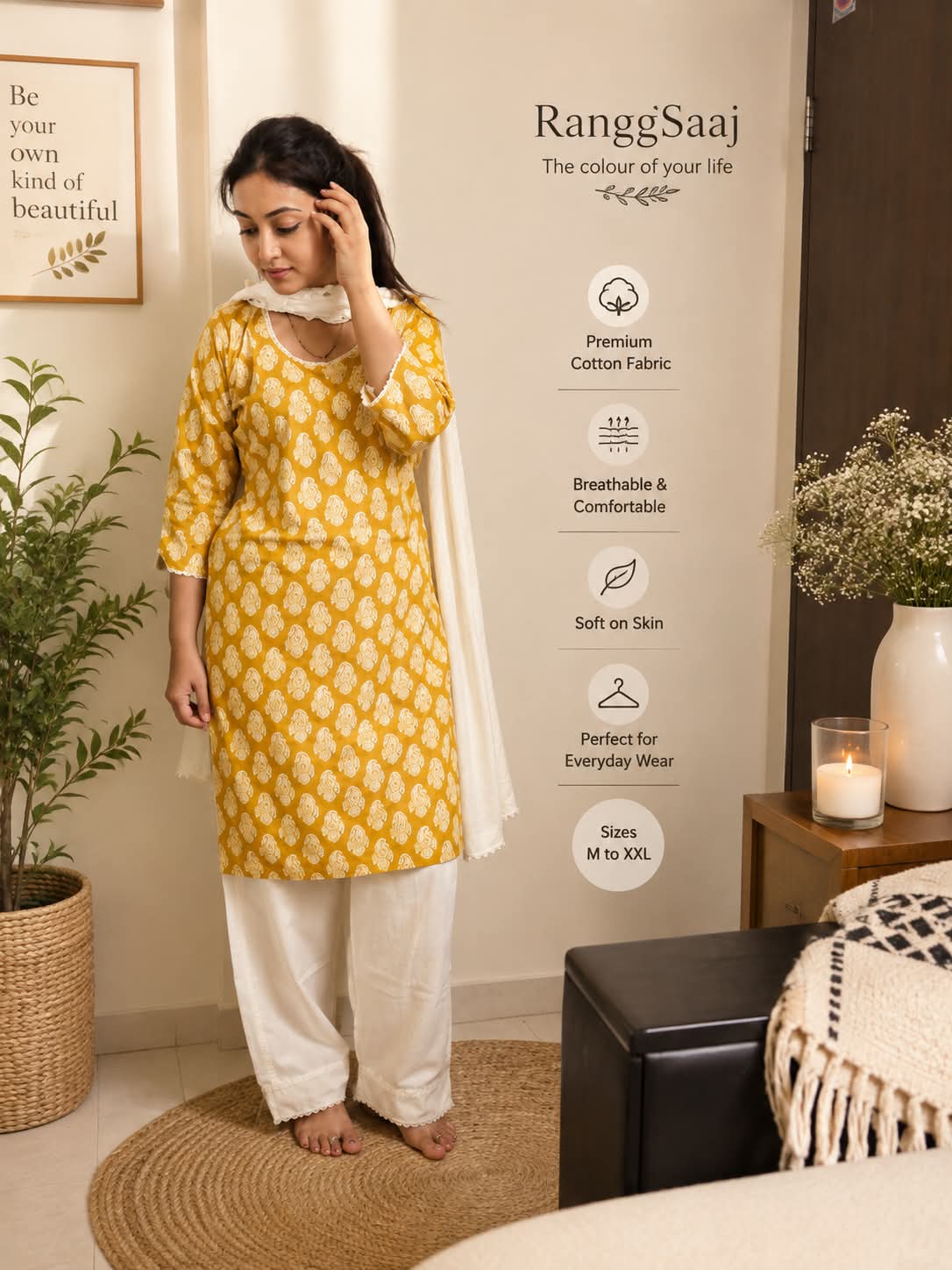 π*Elegant Mustard Yellow Printed Kurti Set*π
