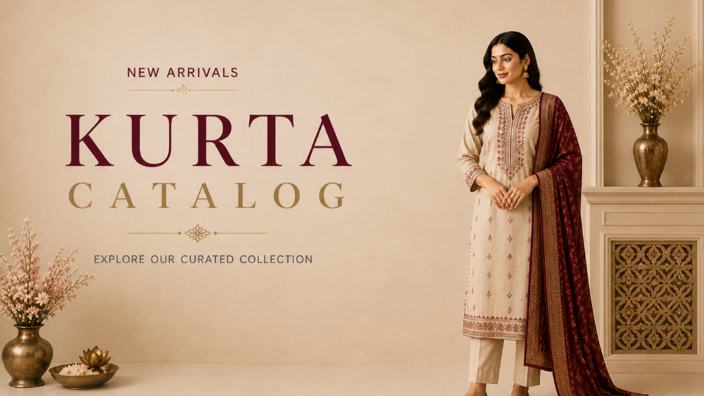 Woman in traditional outfit with 'Kurta Catalog' text on a beige background