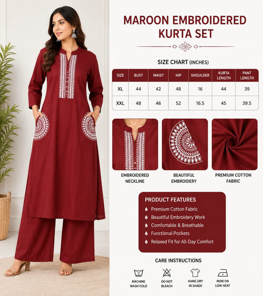 Elegant Maroon Embroidered Kurta Set