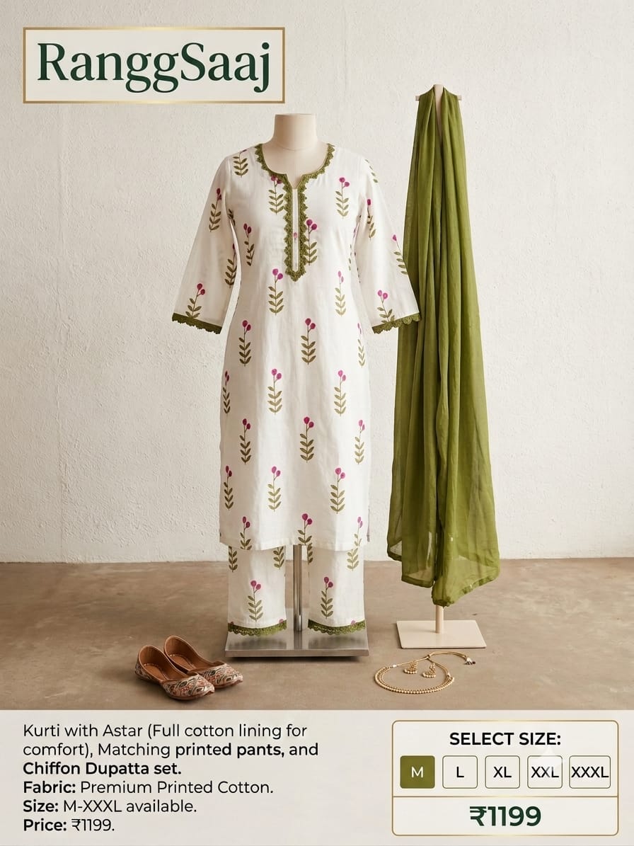 RanggSaaj White & Olive Green Printed Cotton Kurti Set