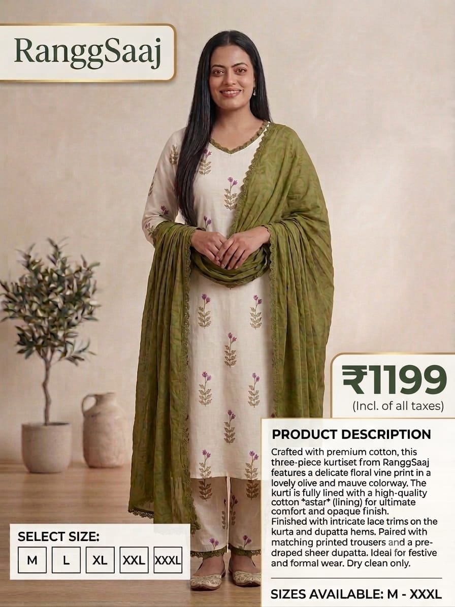 RanggSaaj White & Olive Green Printed Cotton Kurti Set