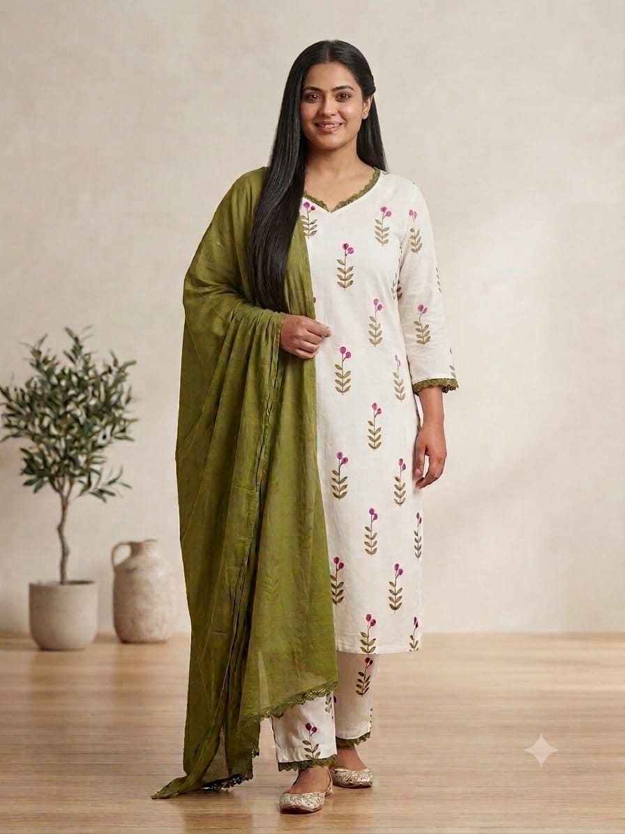 RanggSaaj White & Olive Green Printed Cotton Kurti Set