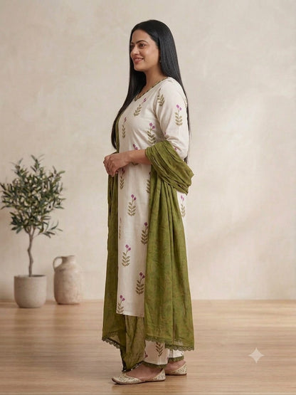 RanggSaaj White & Olive Green Printed Cotton Kurti Set