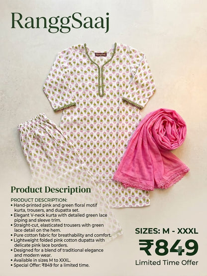 RanggSaaj Pink Floral Printed Cotton Kurti Set with Dupatta