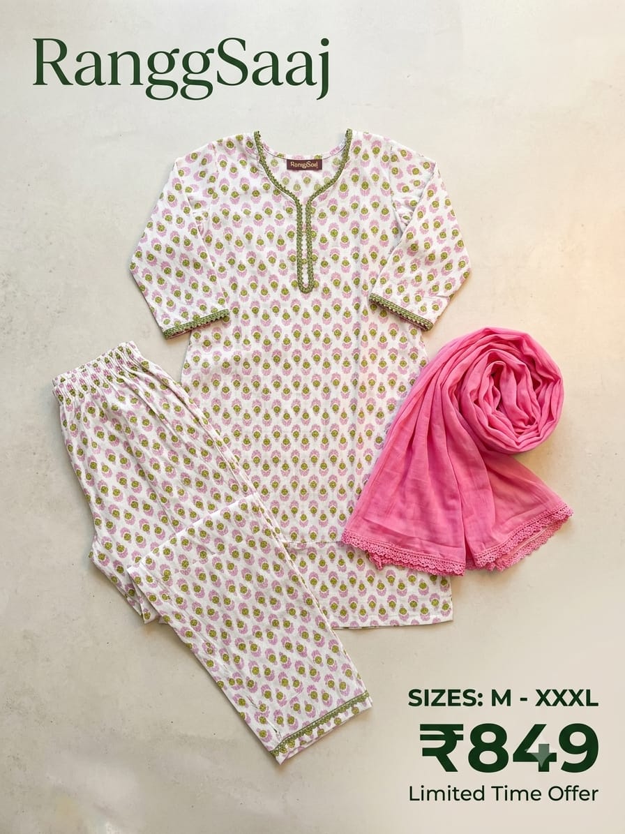 RanggSaaj Pink Floral Printed Cotton Kurti Set with Dupatta