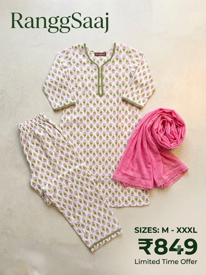 RanggSaaj Pink Floral Printed Cotton Kurti Set with Dupatta