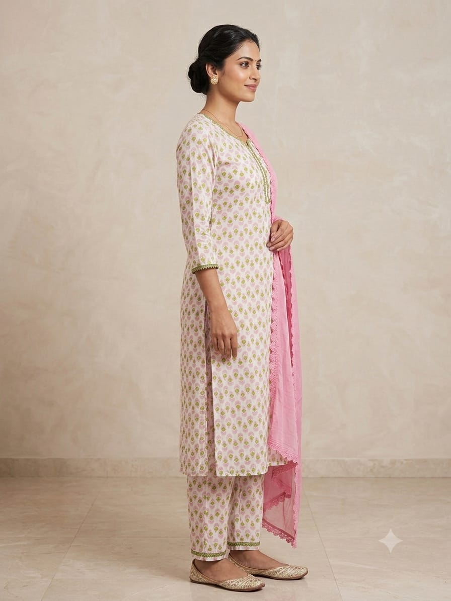 RanggSaaj Pink Floral Printed Cotton Kurti Set with Dupatta