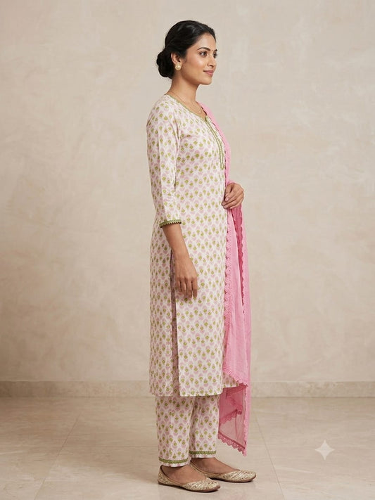 RanggSaaj Pink Floral Printed Cotton Kurti Set with Dupatta