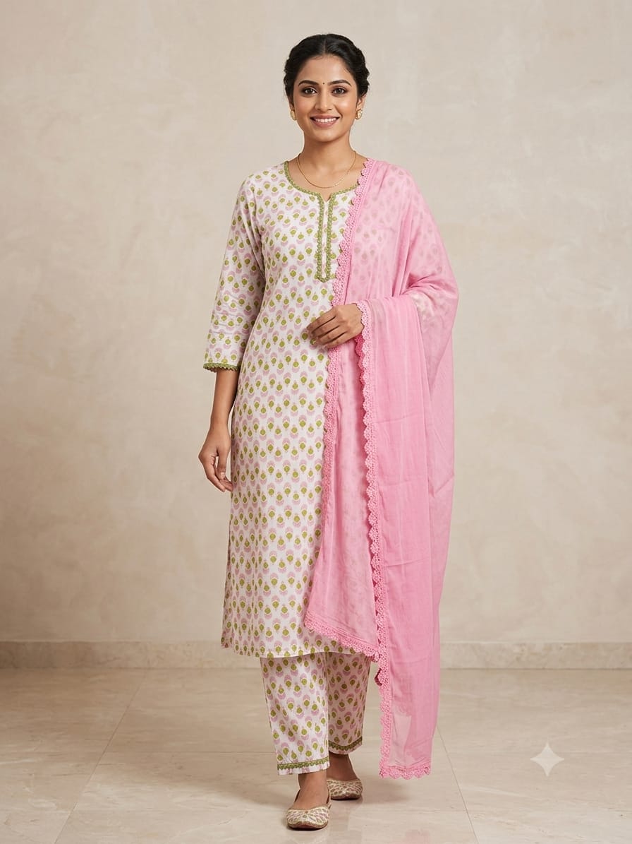 RanggSaaj Pink Floral Printed Cotton Kurti Set with Dupatta