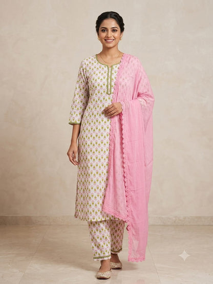 RanggSaaj Pink Floral Printed Cotton Kurti Set with Dupatta