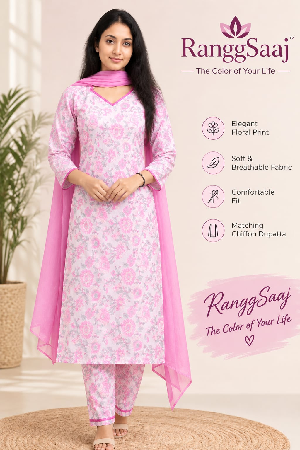 RanggSaaj Pink Floral Kurta Set