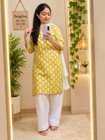 💛*Elegant Mustard Yellow Printed Kurti Set*💛