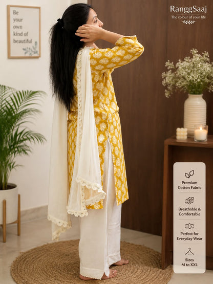 💛*Elegant Mustard Yellow Printed Kurti Set*💛