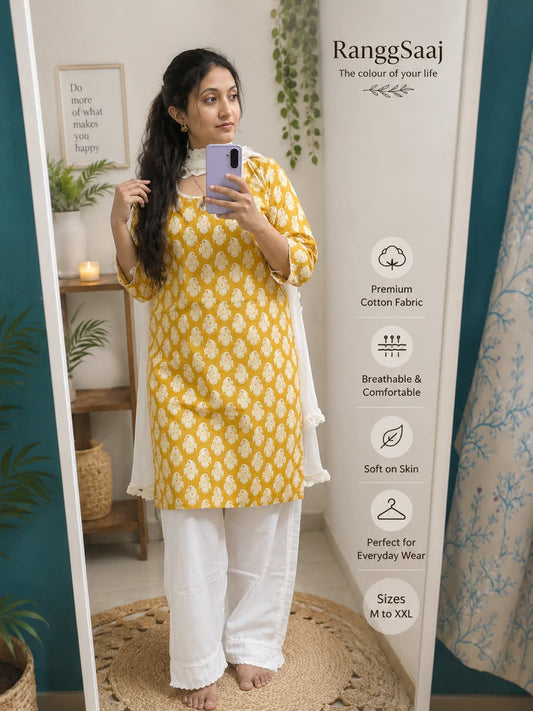 💛*Elegant Mustard Yellow Printed Kurti Set*💛