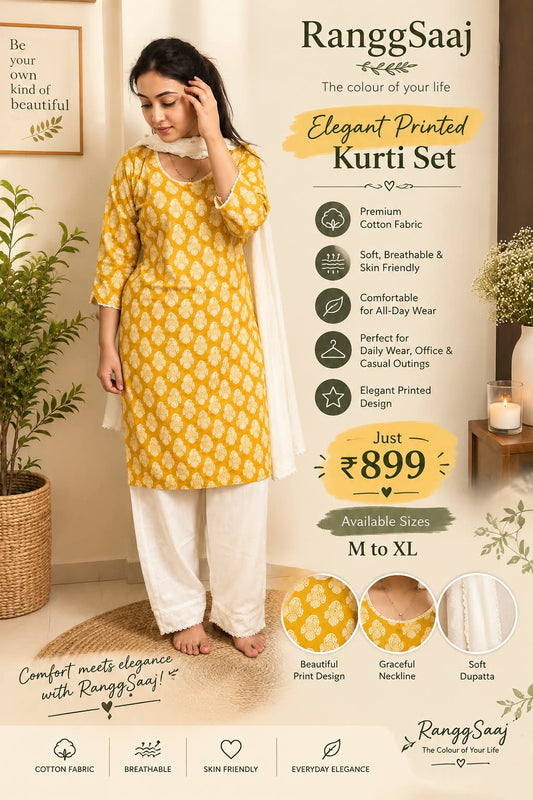 💛*Elegant Mustard Yellow Printed Kurti Set*💛